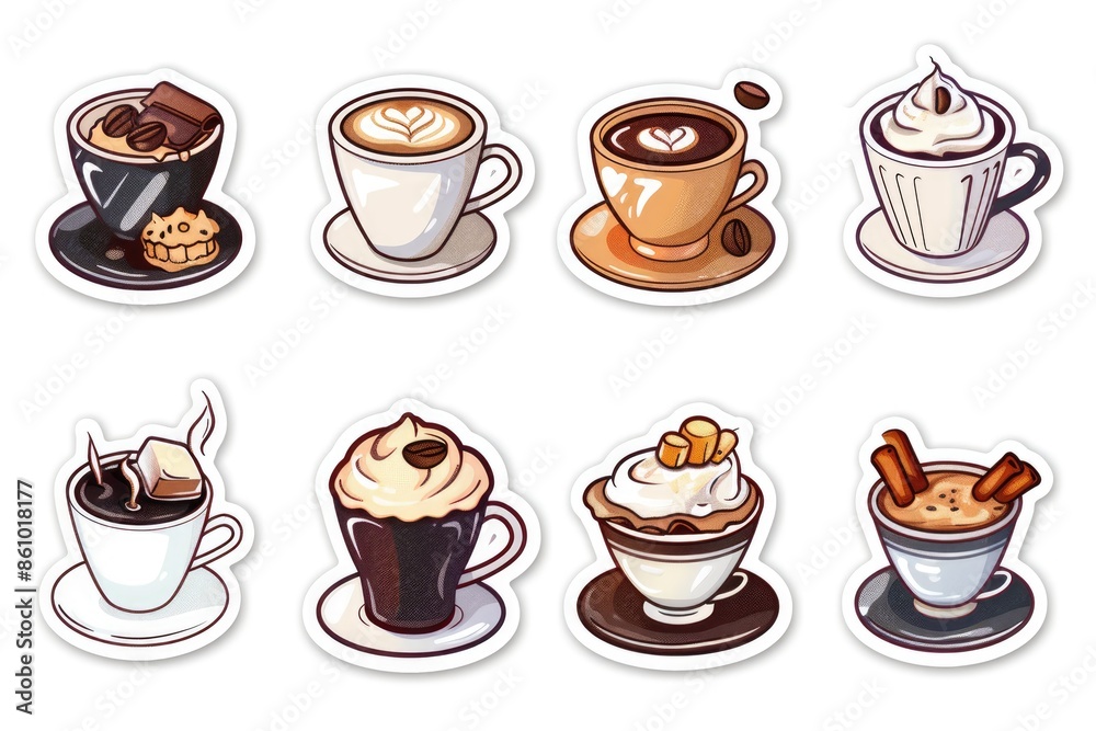 Obraz premium Assorted cute coffee cup characters on a sticker sheet