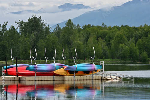 Canoes and kayaks for rent on an Alaska lake.