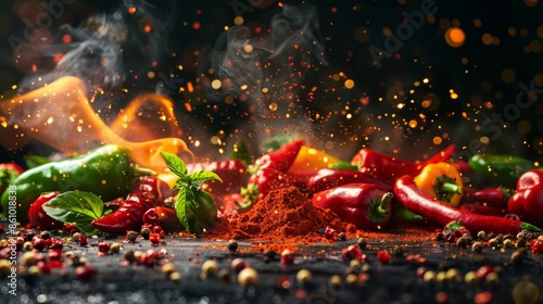 Paprika powder and a variety of peppers, including fresh chili and bell peppers, displayed on a dark background with fire emphasizing spiciness