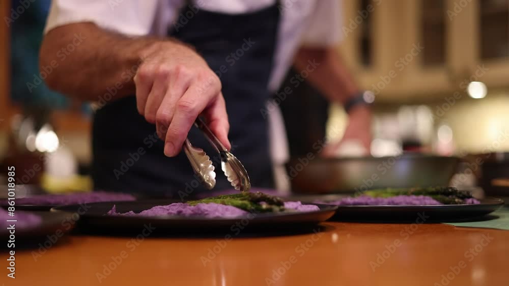 Professional Chef Plating Gourmet Dishes Using A Silver Tong. Professional Chef Plating Gourmet Dishes Using A Silver Tong.