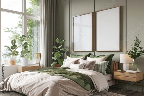 A simple bedroom with green and neutral tones, featuring two blank picture frames on the wall above an elegant bed with a soft pastel blanket