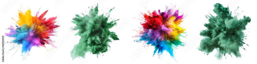 Collection of powder explosion clouds isolated on transparent or white background