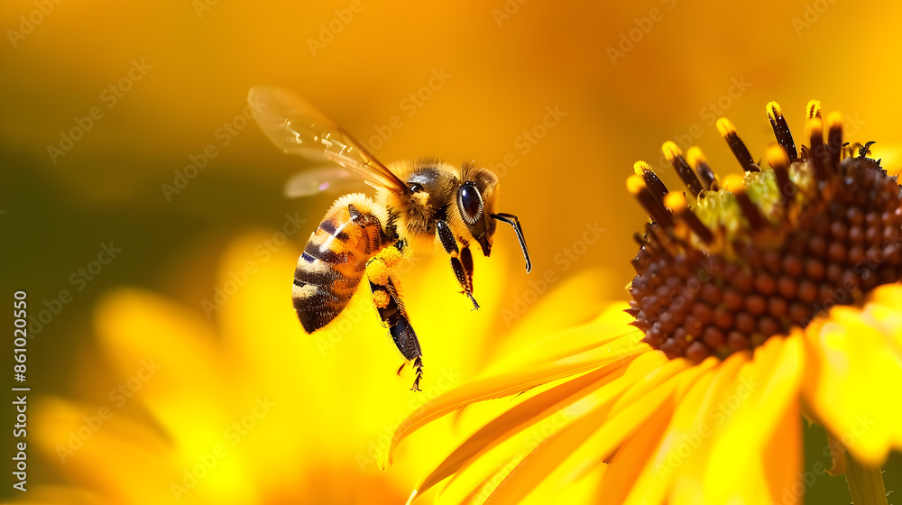 Bee collecting pollen at yellow flower, Bee flying over the yellow flower in blur background. Bee collecting pollen at yellow flower, Bee flying over the yellow flower in blur background.