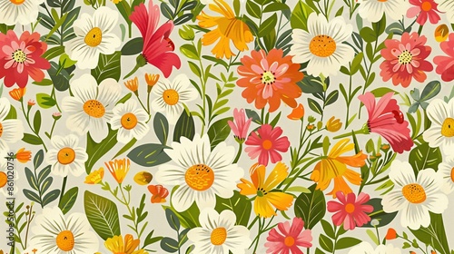 Wallpaper Mural A horizontal seamless pattern showcasing a variety of spring flowers in a flat, folk art-inspired style. The floral elements are arranged in a flowing composition with detailed petals and leaves, Torontodigital.ca