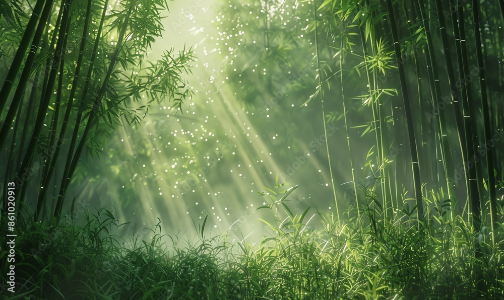 Fototapeta premium Sunlight Piercing Through Lush Bamboo Forest Creating Ethereal Glow