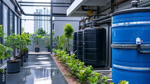 Rainwater harvesting system installed in back office premises, showcasing tanks, gutters, and pipes for efficient water conservation © Paul