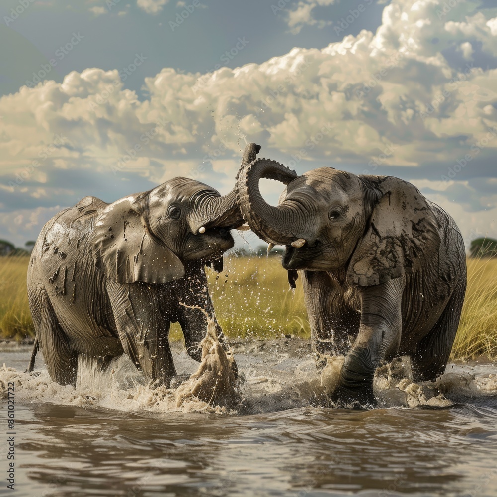 Fototapeta premium Elephants Playing in Water