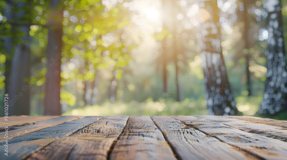 Beautiful blurred boreal forest background view with empty rustic wooden table for mockup product display Picnic table with customizable space on tabletop for editing Flawless : Generative AI