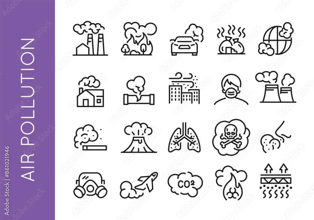 Air Pollution icons. Set of 20 air pollution trendy minimal icons. Factory smoke, Wildfire, car emission, Industrial smoke. Design signs for web page, mobile app, packaging design. Vector illustration Air Pollution icons. Set of 20 air pollution trendy minimal icons. Factory smoke, Wildfire, car emission, Industrial smoke. Design signs for web page, mobile app, packaging design. Vector illustration
