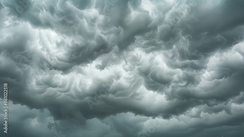 Dramatic mammatus clouds dominate a turbulent sky. Dark, bulbous formations create a textured ceiling, tinged with eerie light. Foreboding atmosphere suggests approaching storm. 