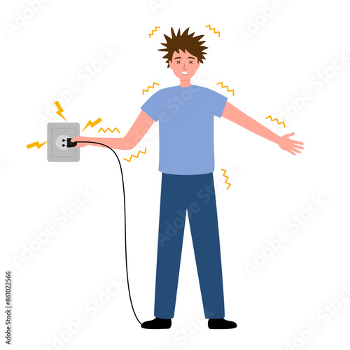 Electric shock risk concept vector illustration. Man get electric shock in flat design. Electric safety caution.
