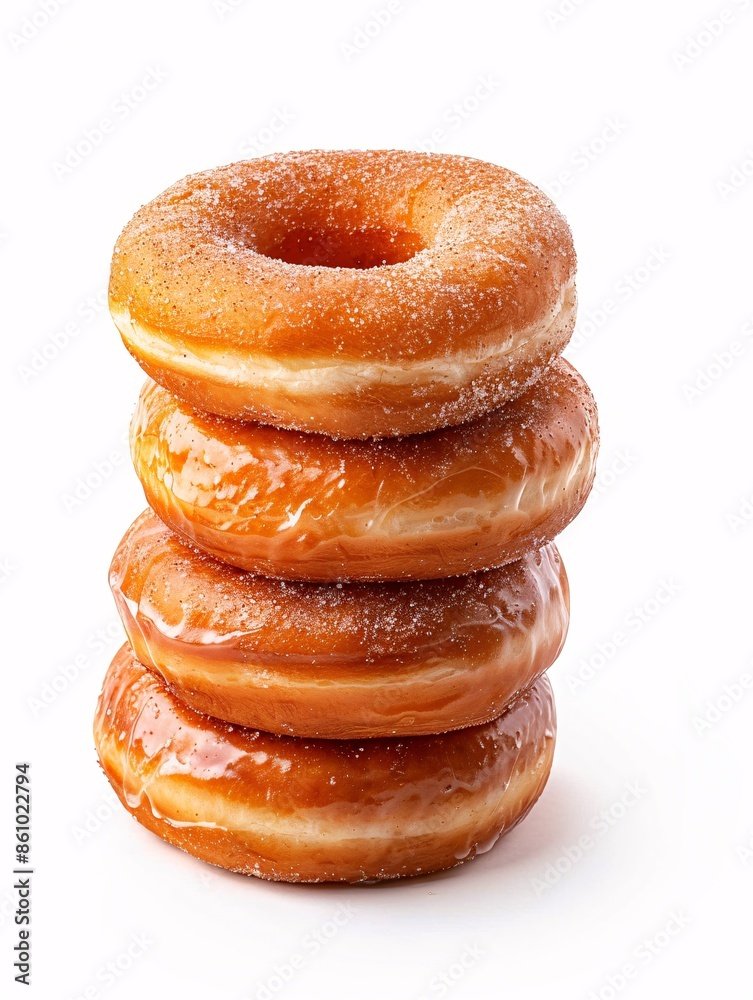 A pile of sweet, sticky cinnamon donuts on a white background. A pile of sweet, sticky cinnamon donuts on a white background.