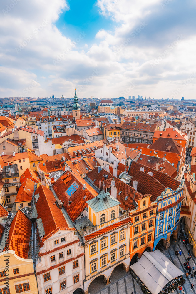 Naklejka premium View of the city of Prague and old town square with buildings and Church of Our Lady before Tyn in the stare mesto from platform of Old Town Hall (Staromestska Radnice)