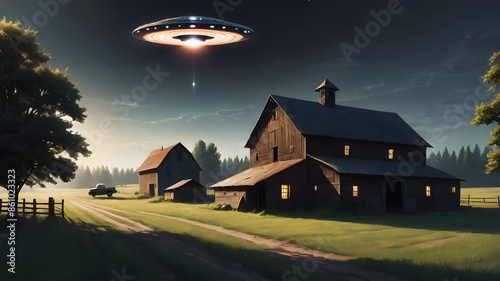 An old, rundown farm with a UFO hovering above a barn. The scene is illuminated by the UFO's light, creating long, eerie shadows.