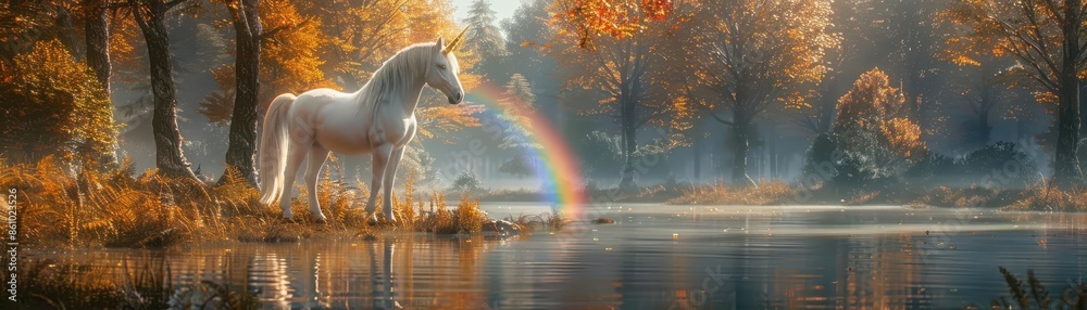 Unicorn and rainbow reflection in a tranquil forest lake, photorealistic, vivid colors, serene setting, high resolution, peaceful mood Unicorn and rainbow reflection in a tranquil forest lake, photorealistic, vivid colors, serene setting, high resolution, peaceful mood