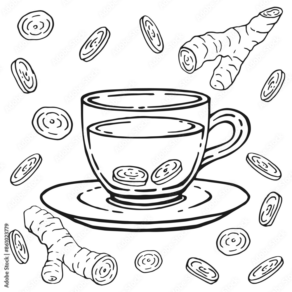 Set with glass cup tea, ginger. Hand drawn vector illustration in outline style. Set with glass cup tea, ginger. Hand drawn vector illustration in outline style.