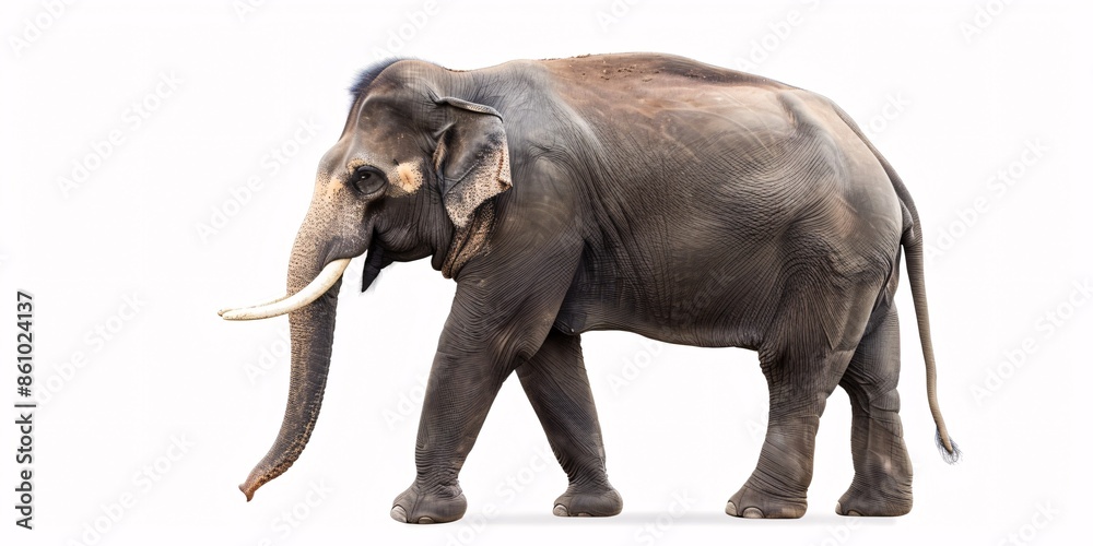 Fototapeta premium A solitary male elephant of Asian origin standing alone against a white backdrop.