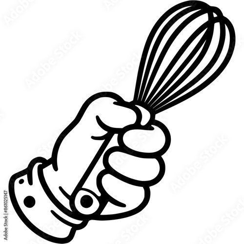 Chef hand holds culinary whisk for whipping cream in monochrome. Simple minimalistic vector in black ink drawing on transparent background