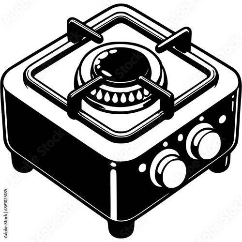 Tourist camping gas stove in monochrome. Simple minimalistic vector in black ink drawing on transparent background