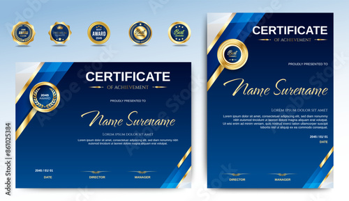 Blue and Gold certificates template design. vertical horizontal diploma certificates. vector