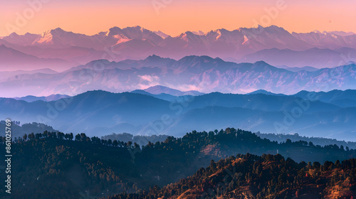 Panoramic landscape of great Himalayas mountain range during an autumn morning from Kausani also known as Switzerland of India a hill station in Bageshwar district Uttarakhand India : Generative AI photo