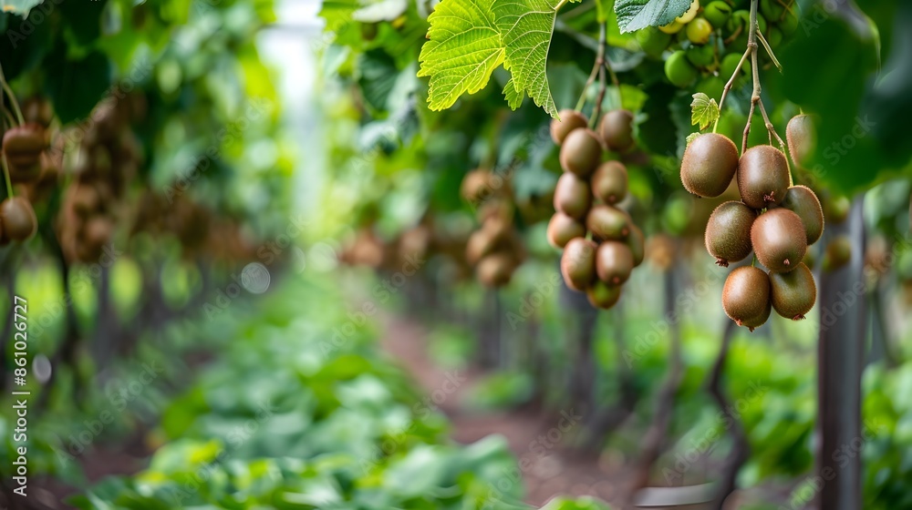 Lush Kiwi Orchard with Ripe Hanging Fruits Ready for Harvest Lush Kiwi Orchard with Ripe Hanging Fruits Ready for Harvest