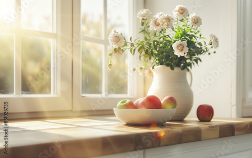 Sunlit kitchen countertop with a bowl of apples and a vase of white roses near a window, creating a warm and inviting atmosphere.