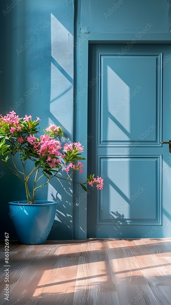 Fototapeta premium Freshly Painted Bright Blue Room Accented by Floral Decor Symbolizing the Rejuvenation and Excitement of New Beginnings at Home