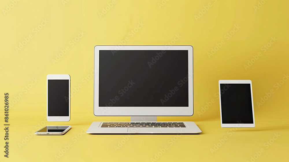 A white laptop sits on a yellow surface with three cell phones and two tablets A white laptop sits on a yellow surface with three cell phones and two tablets