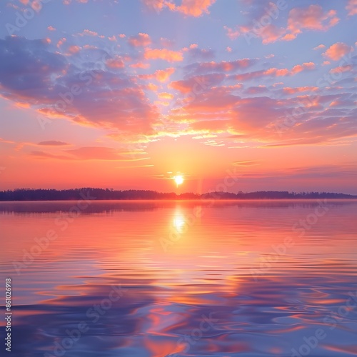 Vibrant Sunrise Over Peaceful Lake Reflecting Renewal and Fresh Starts