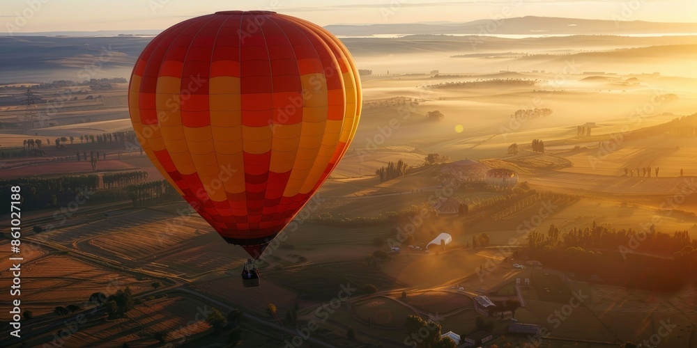 Obraz premium Hot air balloon floating over the countryside at sunrise.