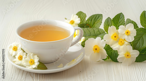 Cup of tea with white flowers