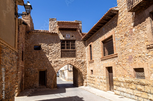 Portal of Teruel belonging to the urban wall of Sarrión from the 14th century. Teruel, Aragon, Spain.