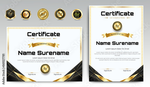 Black and gold certificate of appreciation border template with luxury badge and modern line and shapes. For award, business, and education needs. Diploma vector template