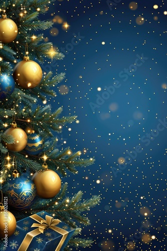 A Christmas tree with gold and blue ornaments and a blue background