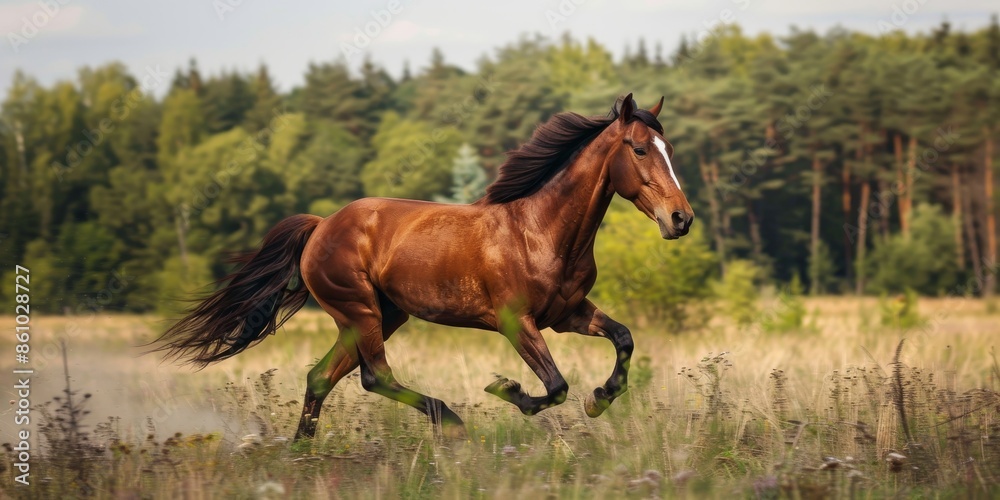 A beautiful brown horse runs through a grassy field with trees in the background. A beautiful brown horse runs through a grassy field with trees in the background.