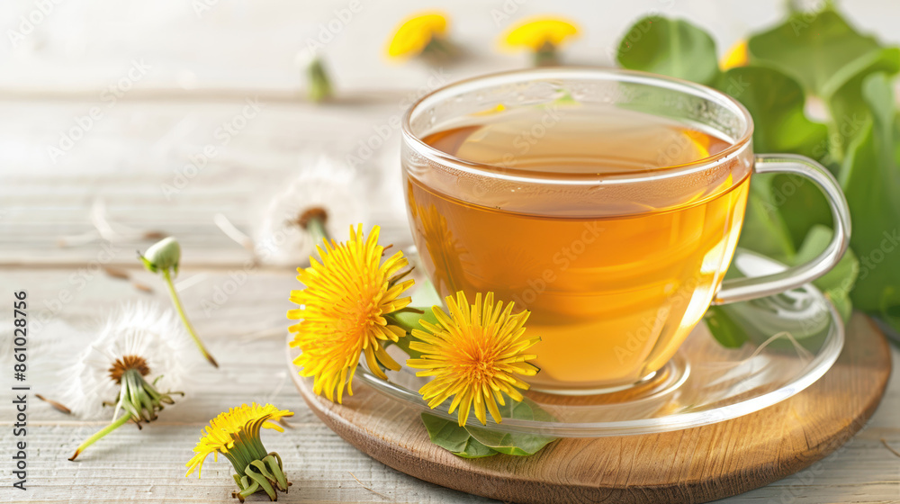 Dandelion Tea on White Wooden Table Dandelion Tea on White Wooden Table