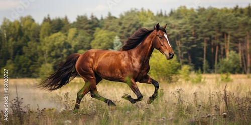 A beautiful brown horse runs through a grassy field with trees in the background.