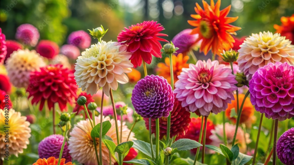 Vibrant dahlias in various shapes and sizes bursting with color set against a serene lush green foliage background in warm light. Vibrant dahlias in various shapes and sizes bursting with color set against a serene lush green foliage background in warm light.