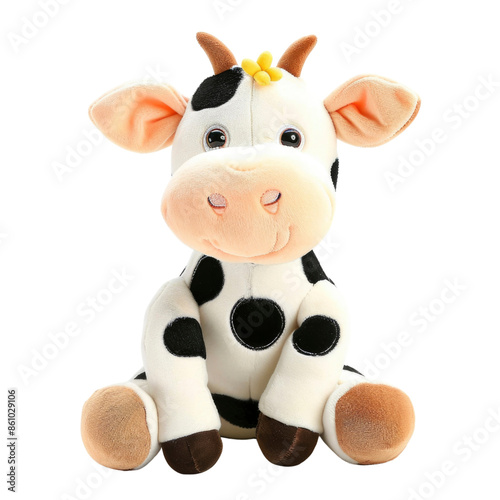 A white and black plush toy cow with big eyes and a yellow flower sits with its legs crossed.