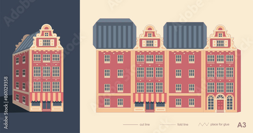 Laser cutting Amsterdam style house. Stylized facades of old building. Paper carving vector template