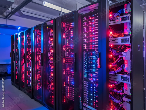 Hightech server room with rows of network,
Interior of server room employee working for computers and monitors
