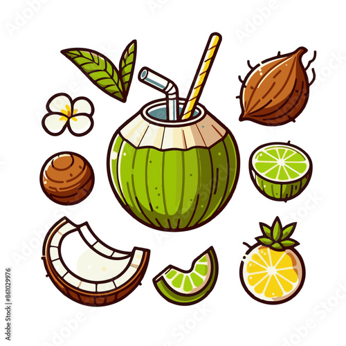 Close up coconut drink with straw and lime slices, suitable for tropical drink advertisements, summer party graphics, refreshing beverage concepts.