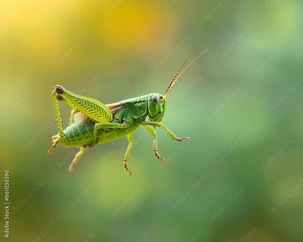 Vibrant Green Grasshopper Leaping Mid Air with Blurred Natural Background