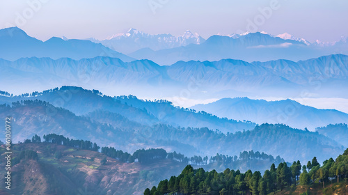 Panoramic landscape of great Himalayas mountain range during an autumn morning from Kausani also known as Switzerland of India a hill station in Bageshwar district Uttarakhand India : Generative AI photo