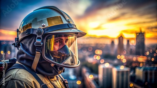 Helmet of brave firefighter with reflective visor and worn leather straps against blurred cityscape background with dim lighting atmosphere. photo