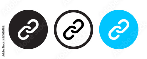 Link or synchronize icon set in simple and stroke style in circle with black and blue color. Chain, link icon vector isolated on circle background. Link icon in circle. Chain logo. Vector illustration