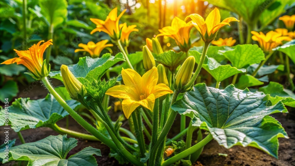 Vibrant yellow blossoms and adolescent green zucchinis flourish amidst lush green foliage on a sun-kissed garden bed. Vibrant yellow blossoms and adolescent green zucchinis flourish amidst lush green foliage on a sun-kissed garden bed.