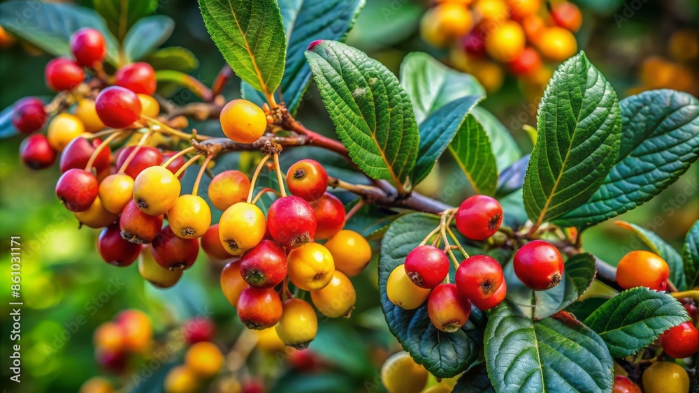 Dark green leafy stem with bright yellow and red ripe berries scattered along the twig in a lush outdoor setting. Dark green leafy stem with bright yellow and red ripe berries scattered along the twig in a lush outdoor setting.