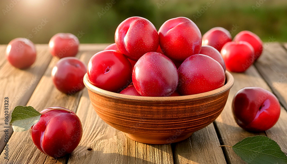 Harvest red plums in a bowl on the wooden table Harvest red plums in a bowl on the wooden table